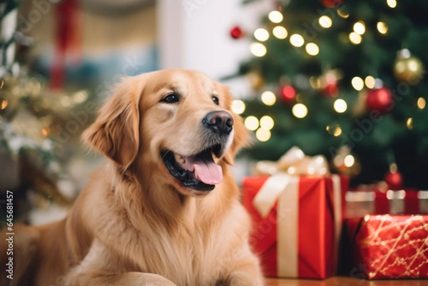 Fototapeta photo of an adult golden retriever dog breed under a christmas tree surrounded by wrapped gifts in editorial film style
