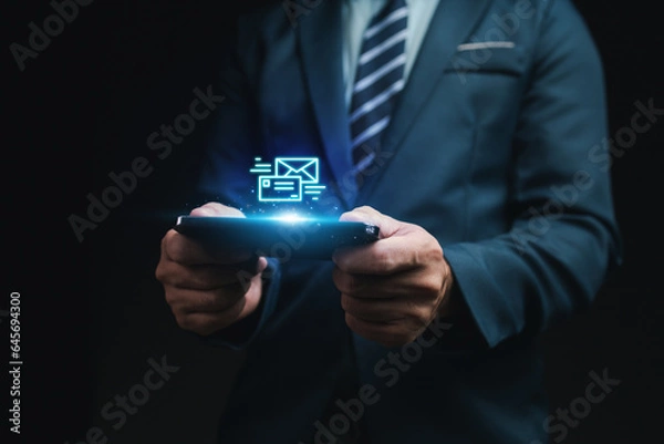 Fototapeta Person with email hologram, businessman with communication and work contact email. Business mailing concept and communication technology.