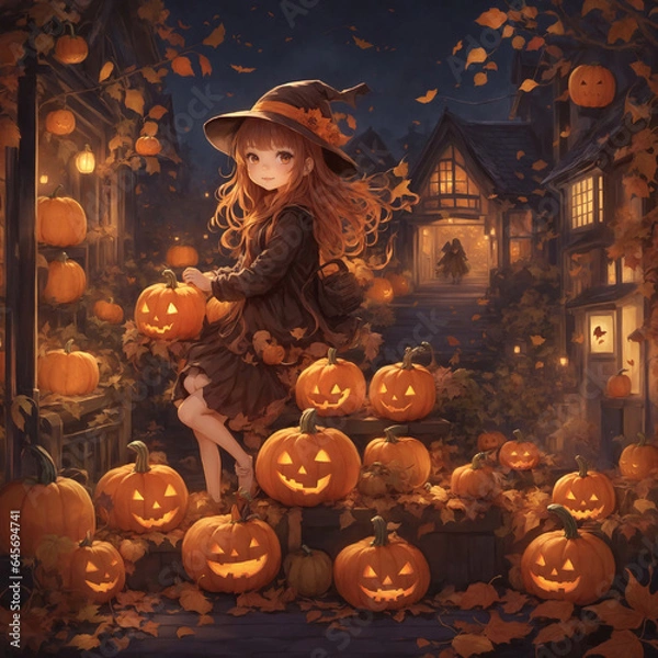 Obraz ハロウィン　魔女の女の子とカボチャ