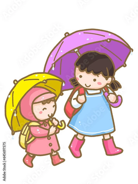 Obraz 傘をさして登校する子供たち