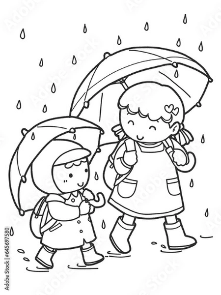 Obraz 傘をさして歩く姉妹の塗り絵