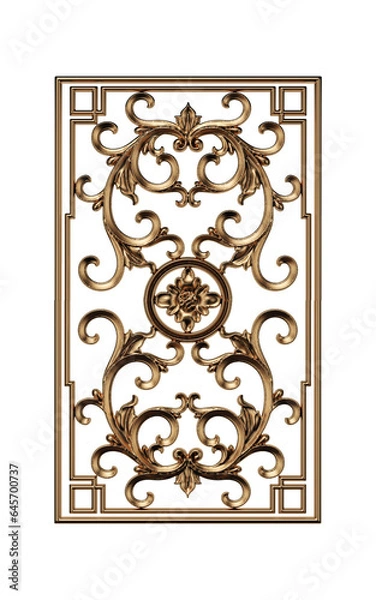 Fototapeta Ornate golden stucco for baroque furniture, isolated on white background, 3d rendering, 3d illustration