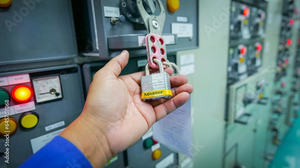 Obraz Lockout Tagout or LOTO. A key used to disconnect the energy system to ensure operator safety. Industrial safety concepts