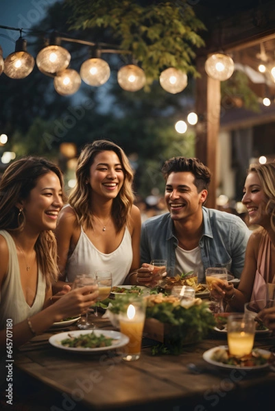Fototapeta Group of friends laughing and enjoying dinner at outdoor restaurant during summer. Image created using artificial intelligence.