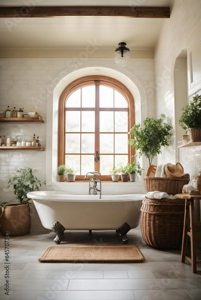 Fototapeta Interior design of Bathroom in Farmhouse style with Clawfoot Tub decorated with Subway Tile, Wicker Basket material. Farmhouse architecture.. Image created using artificial intelligence.