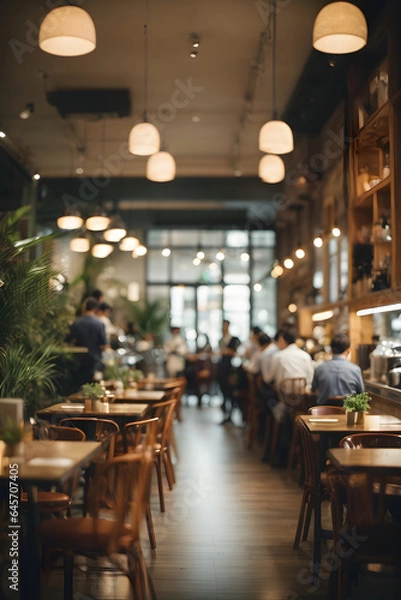 Fototapeta Blur coffee shop or cafe restaurant, Blurred restaurant background with some people and chefs and waiters working. Image created using artificial intelligence.