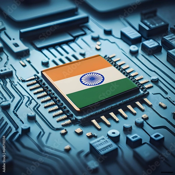 Fototapeta Semiconductor or microprocessor computer chip with indian flag 