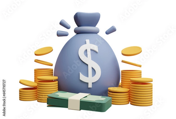 Fototapeta Money bag 3d pile of money and pile of coins, illustration of savings, investment and payments