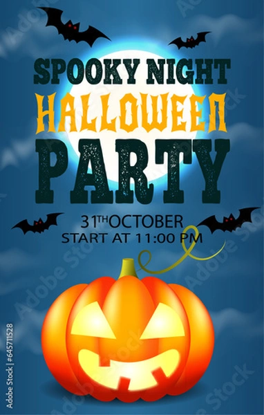 Fototapeta  Halloween party invitations or greeting cards with handwritten traditional symbols. WITH PUMPKIN,BATS AND FULL MOON 2023