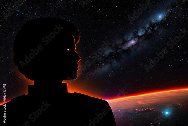 Fototapeta Man silhouette against the background of the milky way galaxy and planet