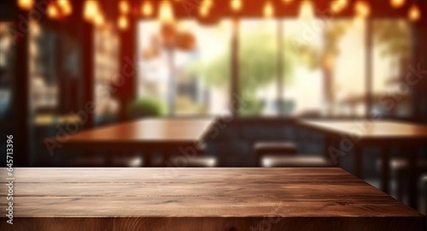 Fototapeta Urban elegance. Empty wooden table in modern cafe. Nighttime vibes. Abstract bar counter blurred background. Retro chic. Vintage coffee shop interior