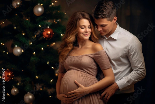Obraz Christmas Expectations: A Couple Anticipating Parenthood, Posing with a Christmas Tree in the Background as They Await the Arrival of Their Baby.

