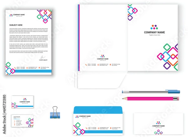Fototapeta stationery set for business office vector design with letterhead, envelope, presentation folder, business card geometrical design stationary set