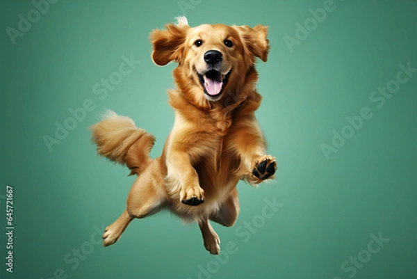 Obraz Happy Golden Retriever dog jumping on green background