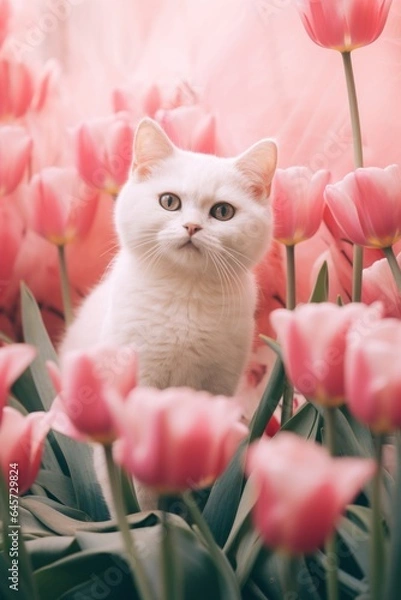 Fototapeta white cat surrounded by pink tulip flowers