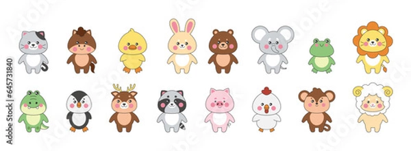 Fototapeta Kawaii animals. Cute farm characters, zoo and wildlife animals. Little cat, horse and baby duck, rabbit and chicken. Frog chicken and lion. Nursery decor. Vector cartoon tidy illustration