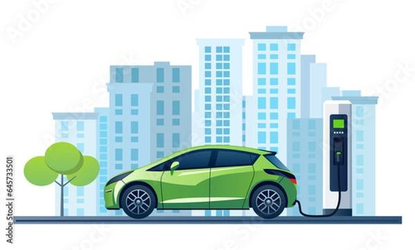 Fototapeta Electric EV car charging battery on the city. Concept of protecting the environment, loving the earth, Save for the world. Ready to apply to your design. Vector illustration.