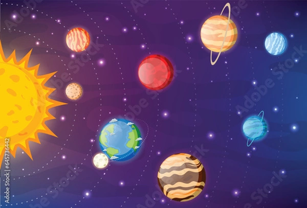 Fototapeta solar system planets cartoon. Earth, mars, pluto, venus, mercury, neptune, uranus, and jupiter planet, isolated on galaxy space background