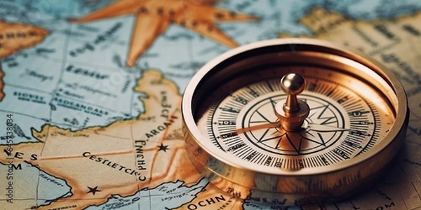 Fototapeta Magnetic compass and location marking with a pin on routes on world map.generative ai