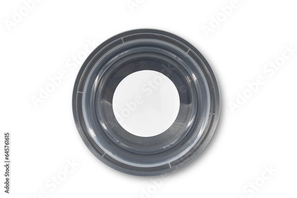 Fototapeta Black plastic food containers with transparent lid and white cardboard label 01