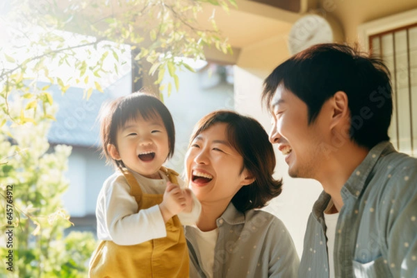 Fototapeta A joyful Japanese family of three enjoys quality time at  home, radiating love, and happiness in a beautiful outdoor portrait