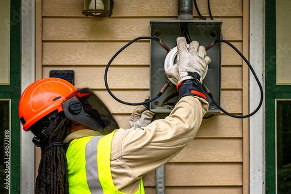 Obraz An electrical technician removes the old Power Meter and replaces it with a new Smart Meter at our home in Windsor in Upstate NY.  PPE worn at all times by Worker.