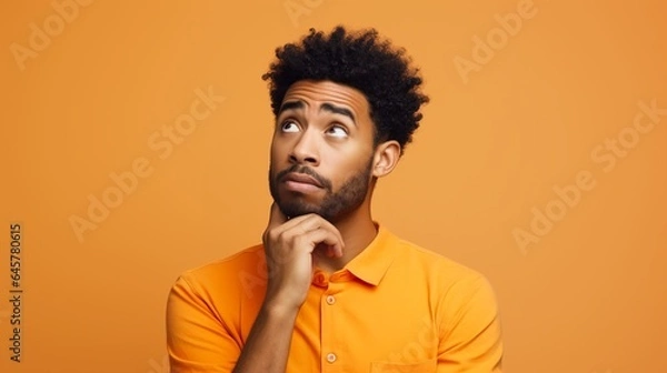 Obraz Portrait of a confused puzzled minded African American man in orange top isolated on orange background, with copy space.