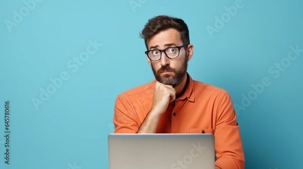 Obraz Portrait of a confused puzzled minded African American man in orange top with laptop isolated on blue background, with copy space.
