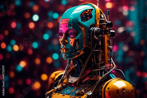 Fototapeta Analog screwed together human-like robot with many details