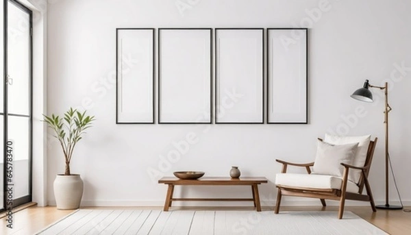 Fototapeta Living room with chair, coffee table, potted plant, lamp, and four frames on wall
