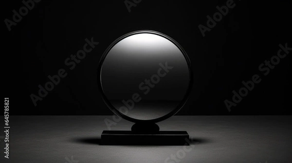 Obraz A round black mirror on a dark background.