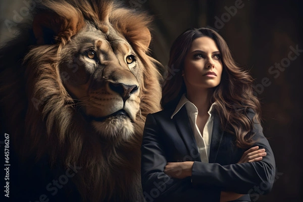 Fototapeta Resilient Businesswoman Confronting an Old Lion, Symbolizing Strength and Tenacity in the Business Jungle
