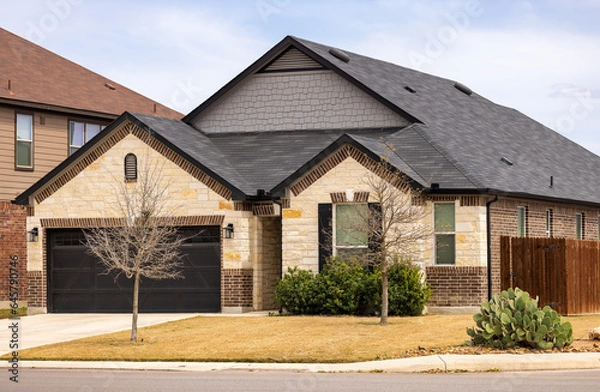 Fototapeta Single family house exterior, American style, with cacti and dried up lawn, specific for southern Texas