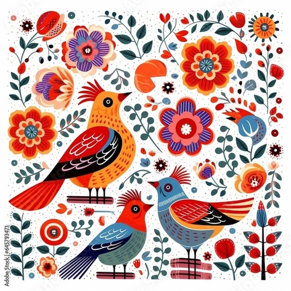 Obraz Illustration of birds in folk style with ornaments 