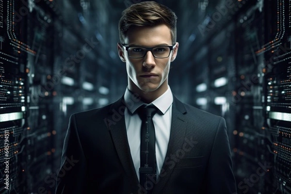 Fototapeta Handsome businessman professional working on aptop computer in office, Generative AI