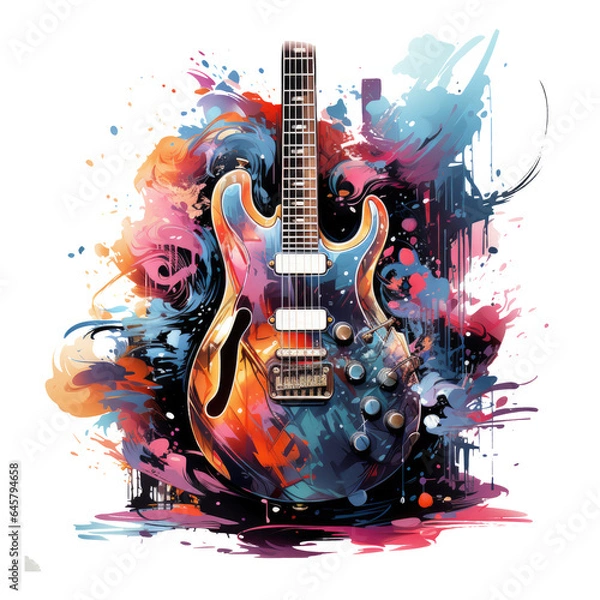 Fototapeta An electric guitar featured in an Instruments t-shirt design, the guitar's body becoming an enchanted book of melodies, Generative Ai