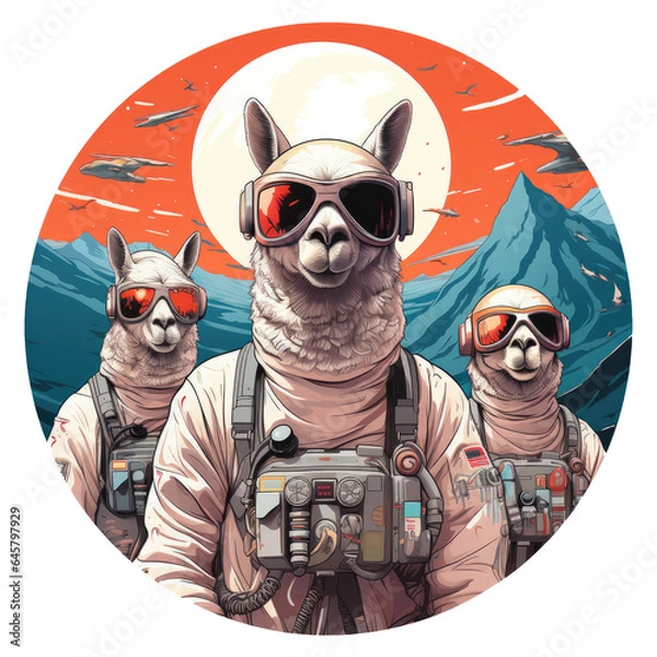 Fototapeta A futuristic llama t-shirt design featuring llamas in sleek, space-exploration suits, standing on the surface of an alien planet with multiple moons in the sky, Generative Ai