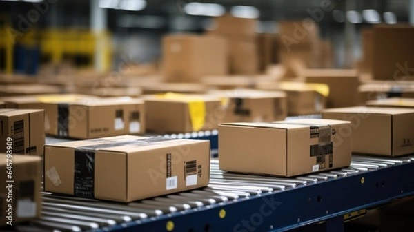 Obraz ecommerce packages in a logistics warehouse on conveyer belt, generative ai