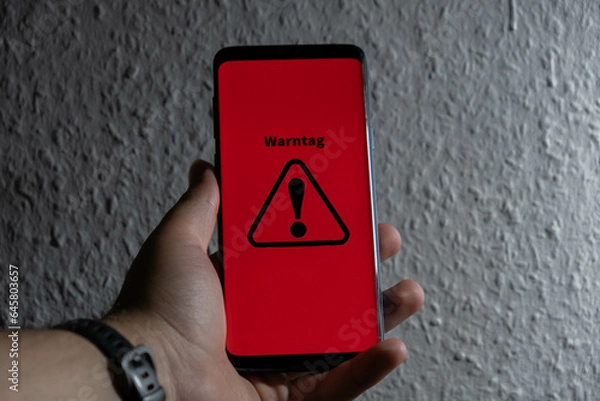 Fototapeta Symbol for the national warning day in Germany, 2022. Hand holds a mobile phone with the German text "Warntag 8. Dezember" (warning day on December 8th).
