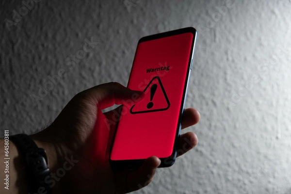 Fototapeta Symbol for the national warning day in Germany, 2022. Hand holds a mobile phone with the German text "Warntag 8. Dezember" (warning day on December 8th).