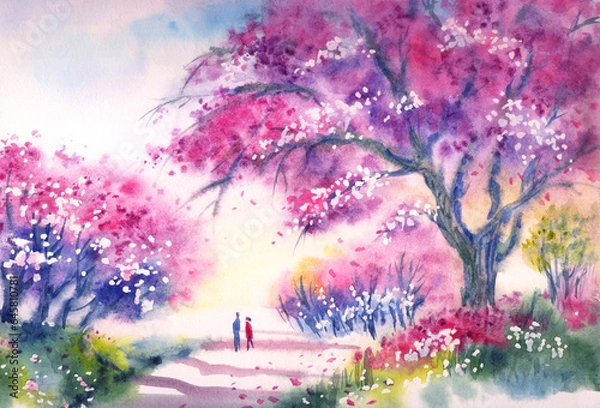 Fototapeta Spring landscape in an expressive style with cherry blossoms and a pair of lovers, watercolor illustration.