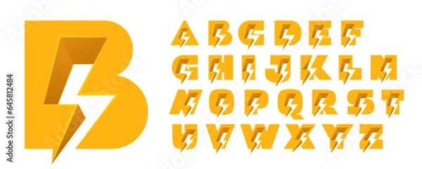 Obraz Alphabet set with negative space lightning. Flash vector monogram. Electric bolt logos. Perfect type for energy labels, superhero t-shirt print, rock music posters, delivery art, electromobile adv.