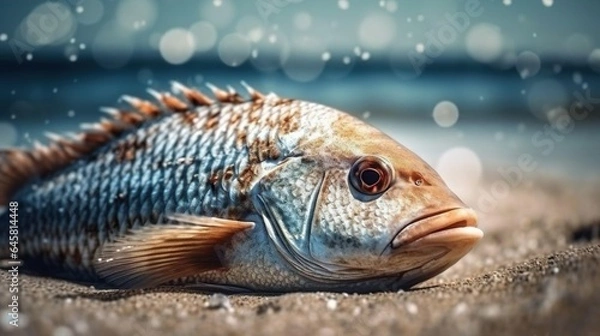 Fototapeta A fish on the shore. Environmental disaster. Fish died after dumping a poisonous substance into the sea water. Pollution of the sea, waste water and garbage in the ocean.