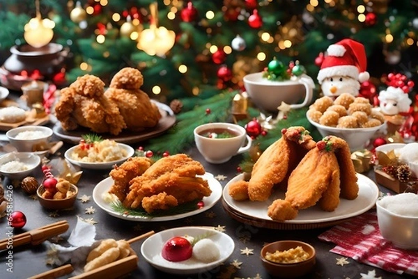 Fototapeta A Japanese Christmas cake and fried chicken on a festive table.