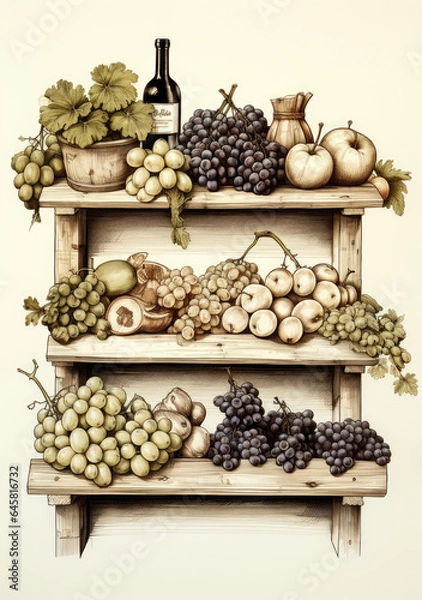 Fototapeta Drawing of fruits, vegetables and wine created by Generative AI