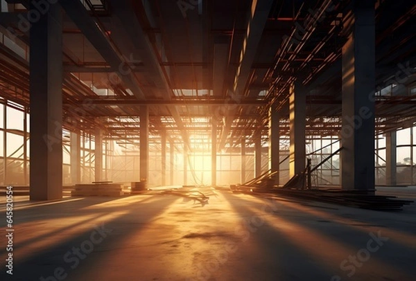 Fototapeta Industrial interior of a large warehouse. 3d rendering toned image