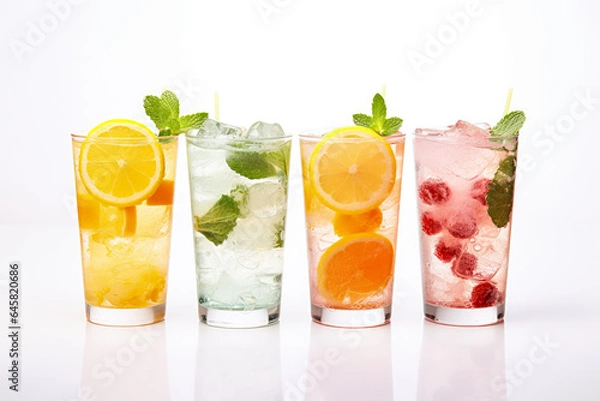Fototapeta Assorted drinks or cocktails in glasses with ice, decorated with fruits and mint leaves. Generative AI