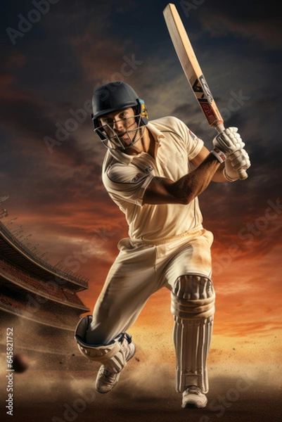 Obraz Cricket player hitting the ball at sunset