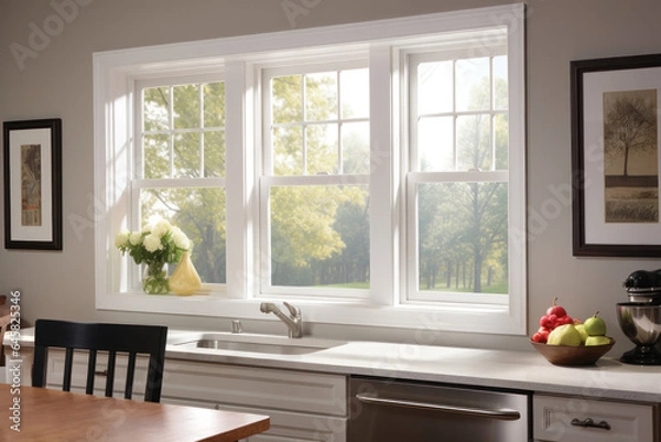 Obraz Double Hung Vinyl Window in the Kitchen Interior