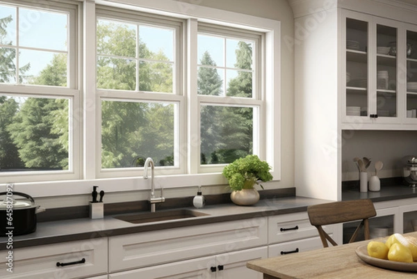 Obraz Single Hung Vinyl Window in the Kitchen Interior